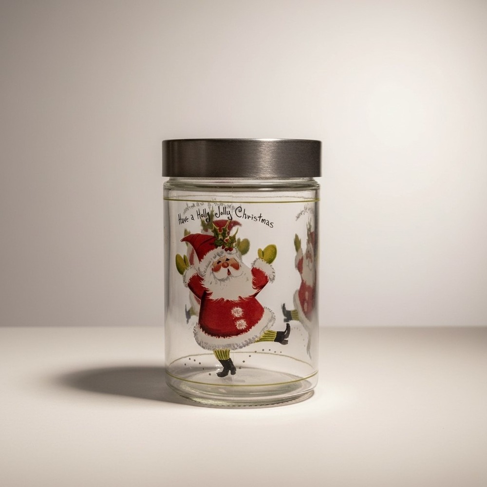 Vintage Holly Jolly Christmas Dancing Santa Glass Canister Jar‎ 6.5 x 4.5 Silver